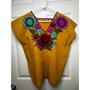 Oaxaca Mexico Embroidered Huipil Top Frida Kahlo Floral Boho Folk Blouse Yellow